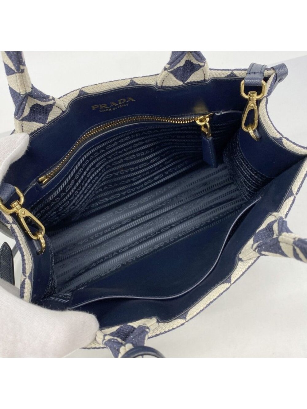 Prada Tote Canvas Navy White Gold 2-Way - Picture 4 of 10